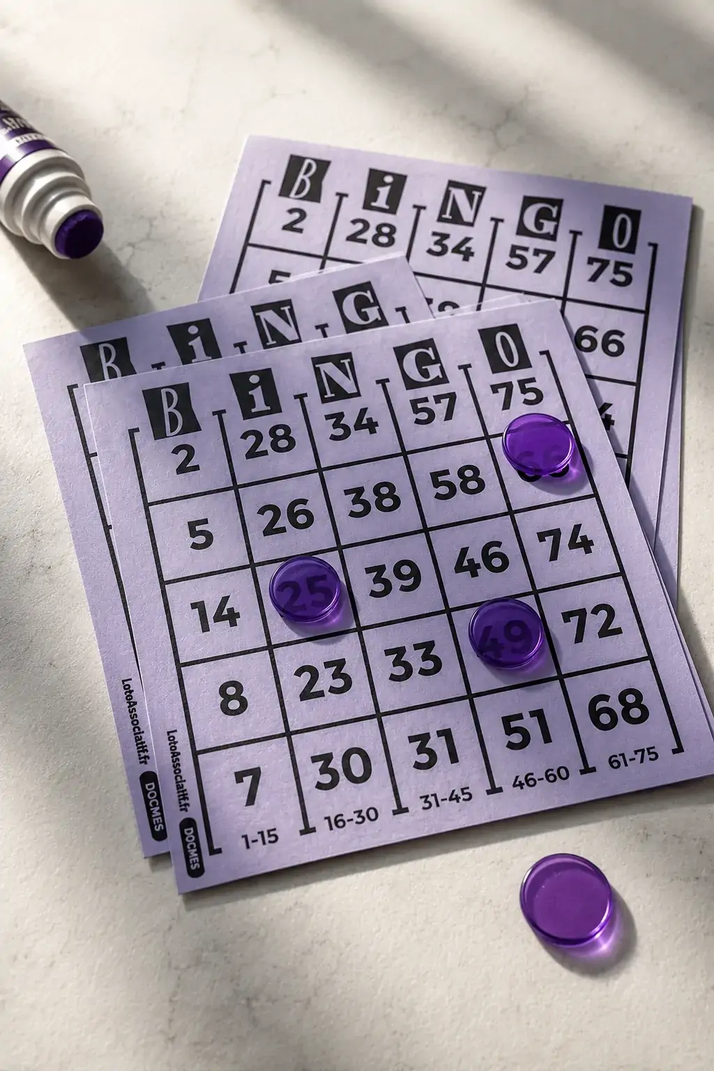 Cartons de bingo américains avec jetons violets