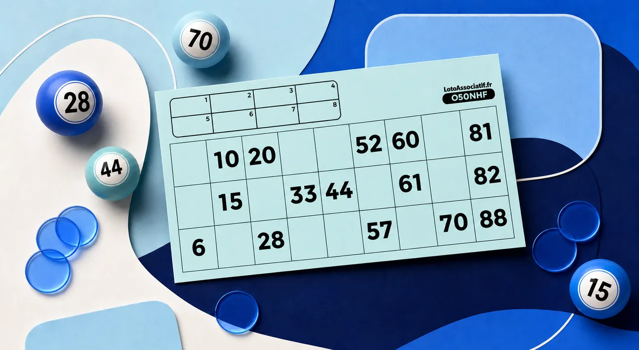Cartons de loto traditionnels – LotoAssociatif.fr Carton de loto traditionnel bleu entouré de boules et de jetons